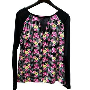 Betsey Johnson Floral Mesh Long Sleeve Top Shirt M